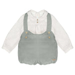 A baby boy's two-piece outfit featuring sage green corduroy overall shorts over a white and beige gingham long-sleeve shirt, displayed on a light gray background.