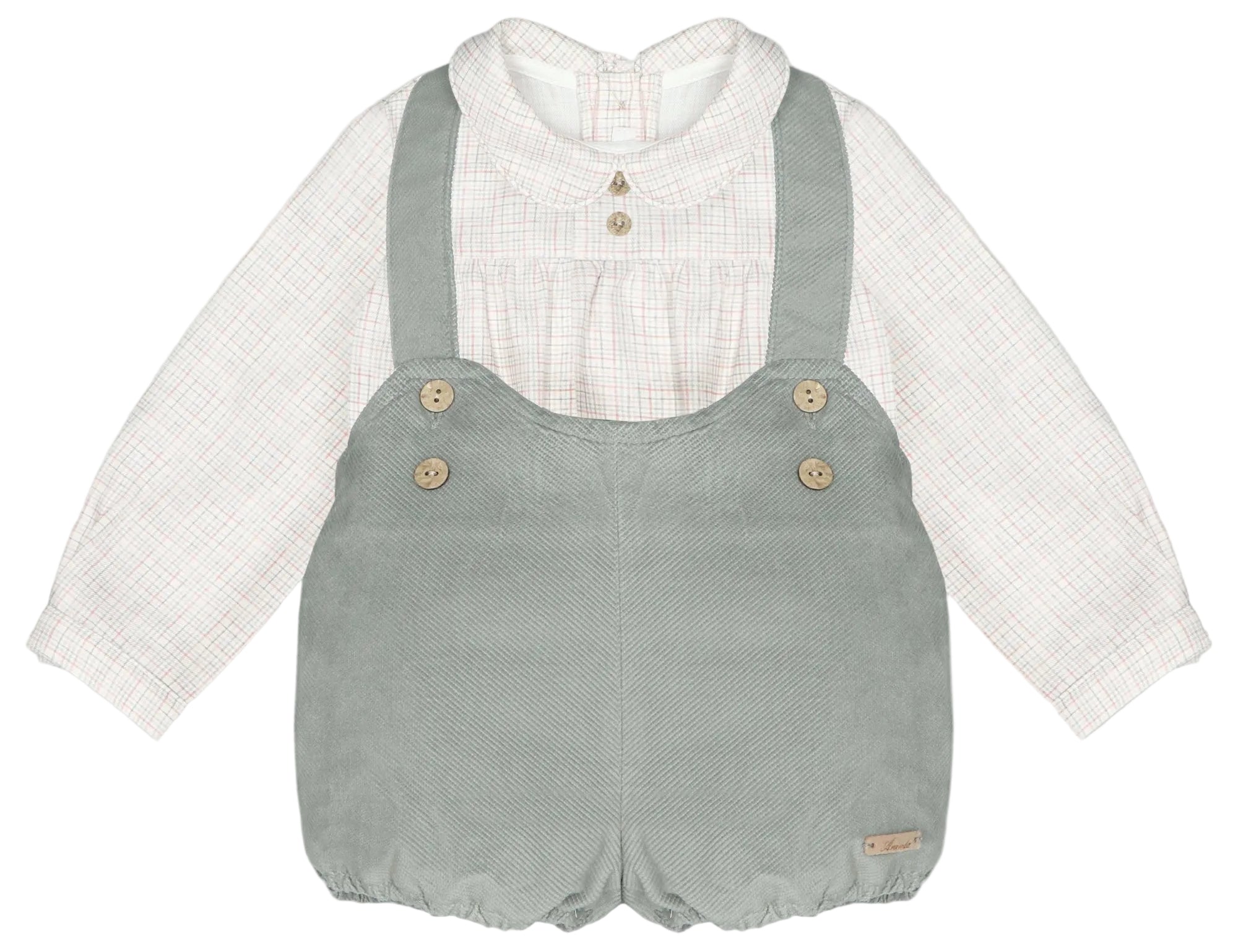 A baby boy's two-piece outfit featuring sage green corduroy overall shorts over a white and beige gingham long-sleeve shirt, displayed on a light gray background.