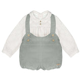 A baby boy's two-piece outfit featuring sage green corduroy overall shorts over a white and beige gingham long-sleeve shirt, displayed on a light gray background.