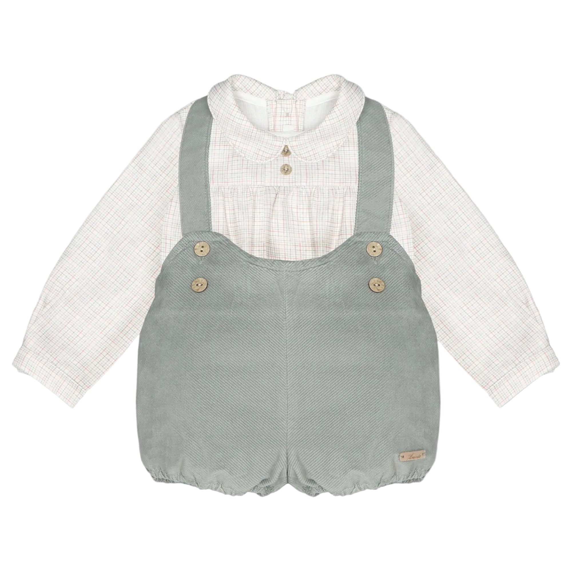 A baby boy's two-piece outfit featuring sage green corduroy overall shorts over a white and beige gingham long-sleeve shirt, displayed on a light gray background.