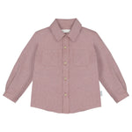 A long-sleeve button-up shirt with a fine red and white gingham pattern, featuring a classic collar, button front, and two chest pockets, displayed flat against a light gray background.