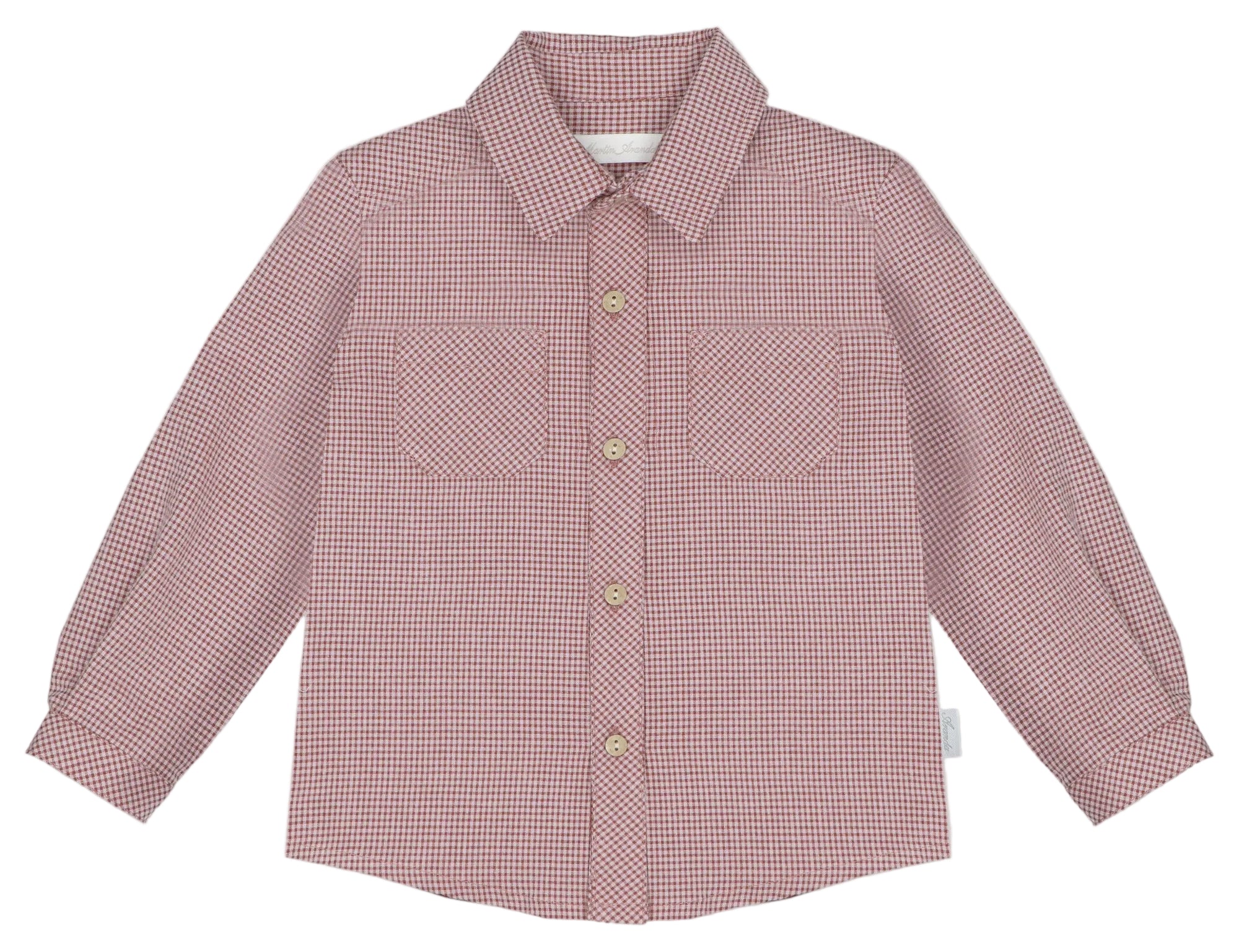 A long-sleeve button-up shirt with a fine red and white gingham pattern, featuring a classic collar, button front, and two chest pockets, displayed flat against a light gray background.