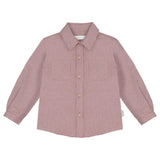 A long-sleeve button-up shirt with a fine red and white gingham pattern, featuring a classic collar, button front, and two chest pockets, displayed flat against a light gray background.