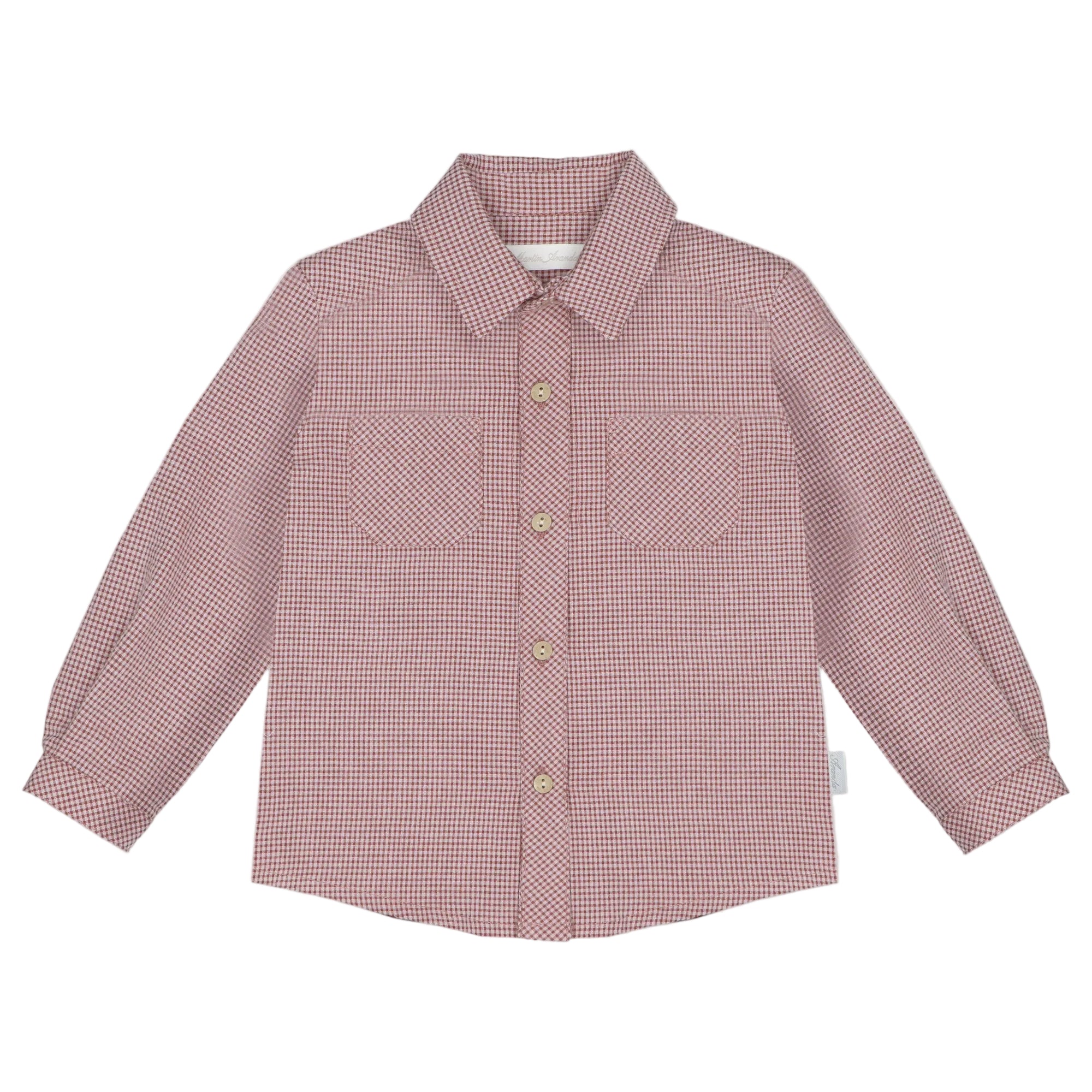 A long-sleeve button-up shirt with a fine red and white gingham pattern, featuring a classic collar, button front, and two chest pockets, displayed flat against a light gray background.