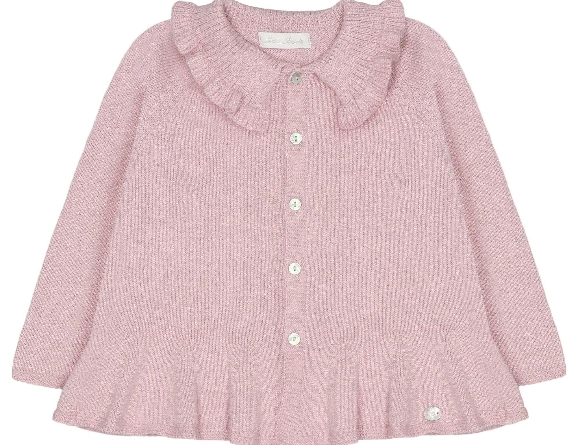 A light pink knit cardigan sweater for toddlers, featuring a ruffled Peter Pan collar, button-front closure, and a ruffled hem, shown against a plain light gray background.