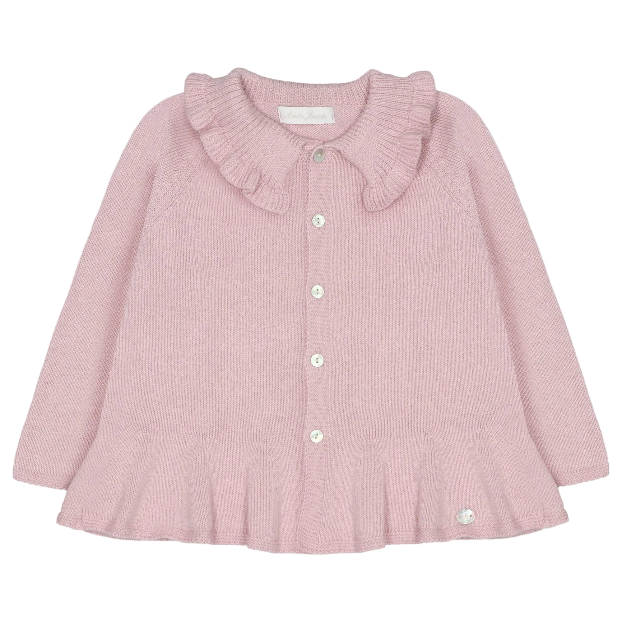 A light pink knit cardigan sweater for toddlers, featuring a ruffled Peter Pan collar, button-front closure, and a ruffled hem, shown against a plain light gray background.