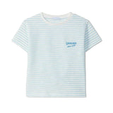 Light blue and white striped t-shirt with a logo on a light gray background