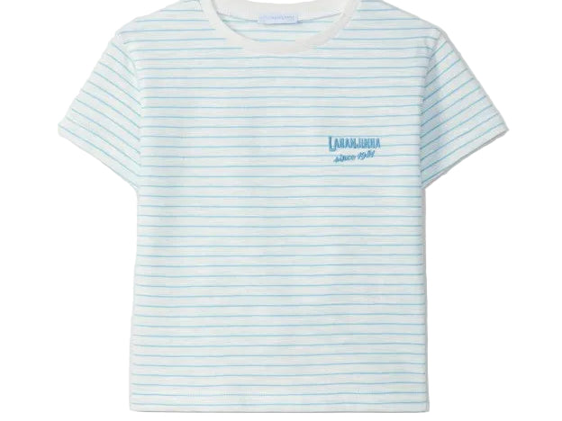Light blue and white striped t-shirt with a logo on a light gray background