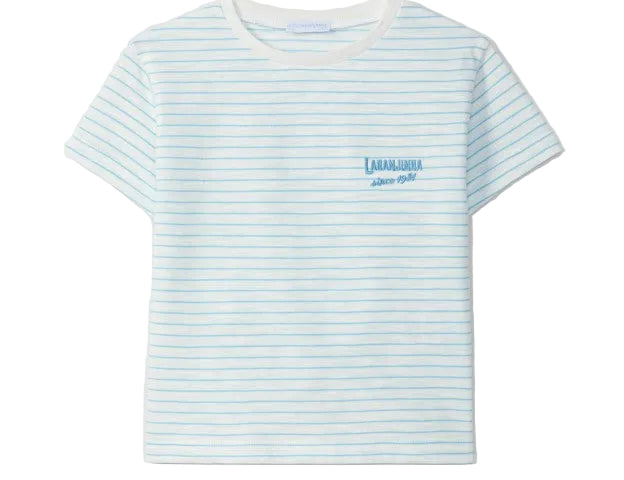 Light blue and white striped t-shirt with a logo on a light gray background
