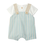 Baby outfit with striped romper and white shirt on a light gray background