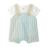 Baby outfit with striped romper and white shirt on a light gray background