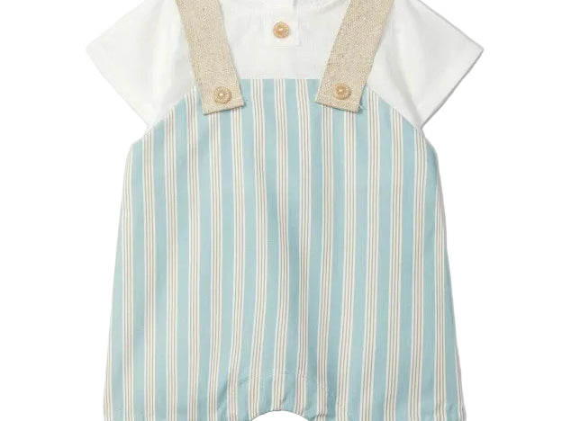 Baby outfit with striped romper and white shirt on a light gray background