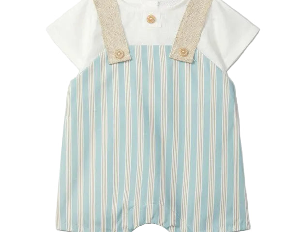 Baby outfit with striped romper and white shirt on a light gray background