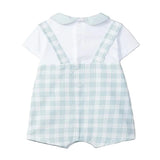 Children's outfit with white shirt and blue checkered overalls on a light gray background