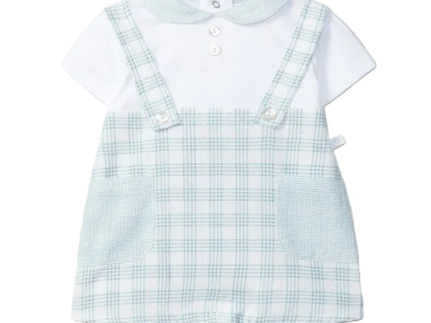 Children's outfit with checkered romper and white shirt on a light gray background