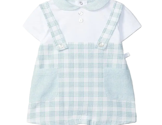 Children's outfit with checkered romper and white shirt on a light gray background
