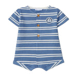 Blue and white striped baby romper with a logo on a light gray background