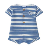Blue and white striped baby romper with a logo on a light gray background