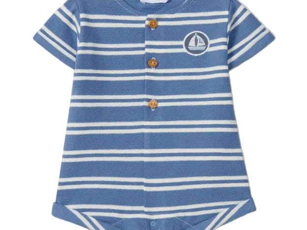 Blue and white striped baby romper with a logo on a light gray background
