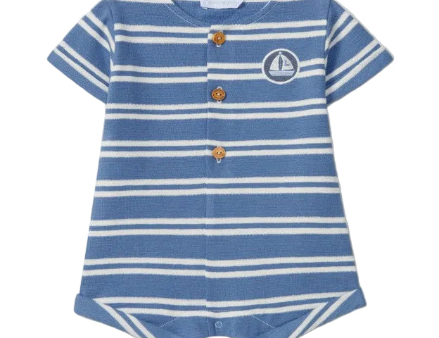 Blue and white striped baby romper with a logo on a light gray background