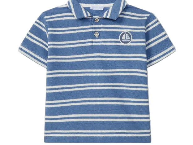 Blue and white striped polo shirt with a logo on a light gray background