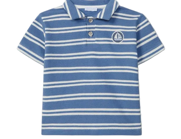 Blue and white striped polo shirt with a logo on a light gray background