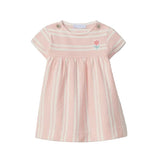 Pink and white striped dress with a small flower design on a light gray background