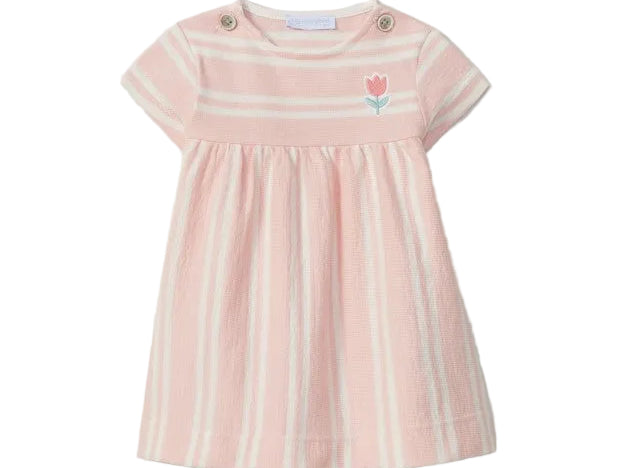 Pink and white striped dress with a small flower design on a light gray background