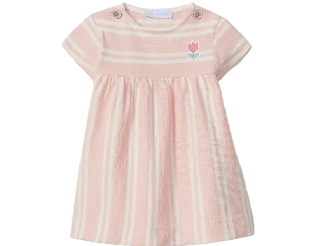 Pink and white striped dress with a small flower design on a light gray background