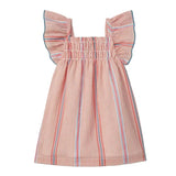 Striped dress with ruffled sleeves on a light gray background