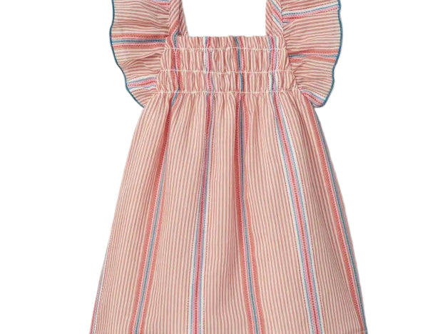 Striped dress with ruffled sleeves on a light gray background