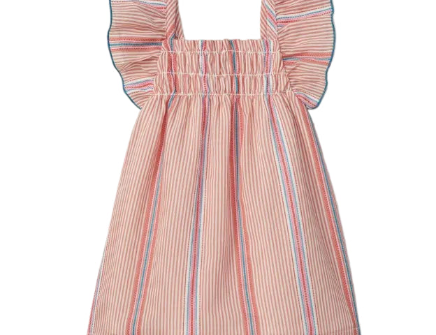 Striped dress with ruffled sleeves on a light gray background