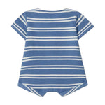 Blue and white striped baby romper on a light gray background