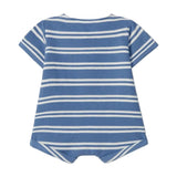 Blue and white striped baby romper on a light gray background