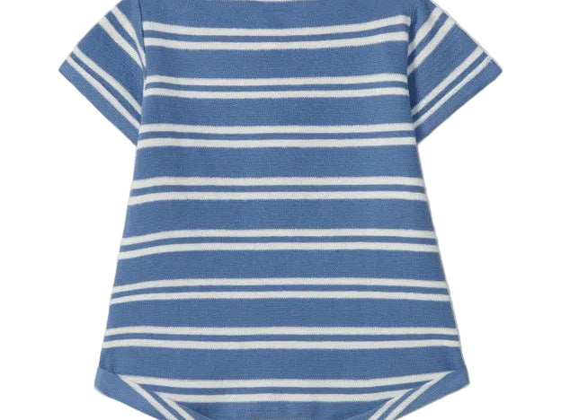 Blue and white striped baby romper on a light gray background