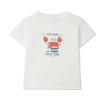 White t-shirt with a crab graphic and text on a white background