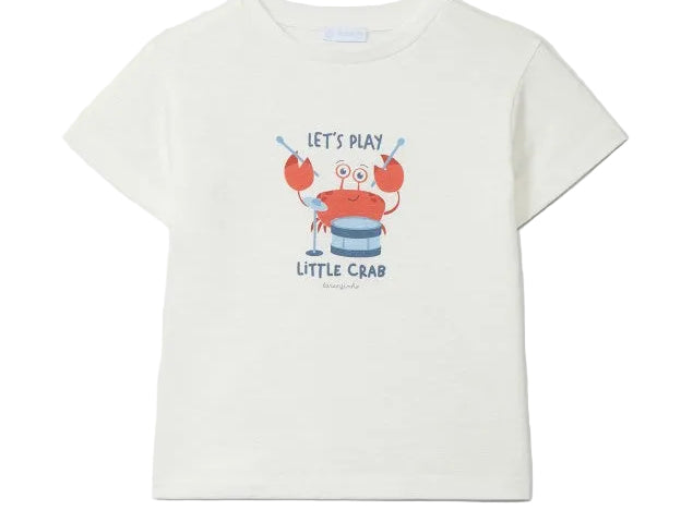 White t-shirt with a crab graphic and text on a white background