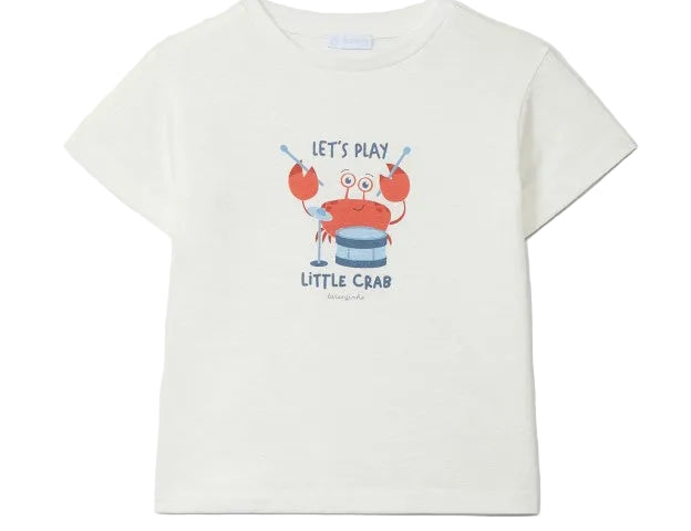 White t-shirt with a crab graphic and text on a white background