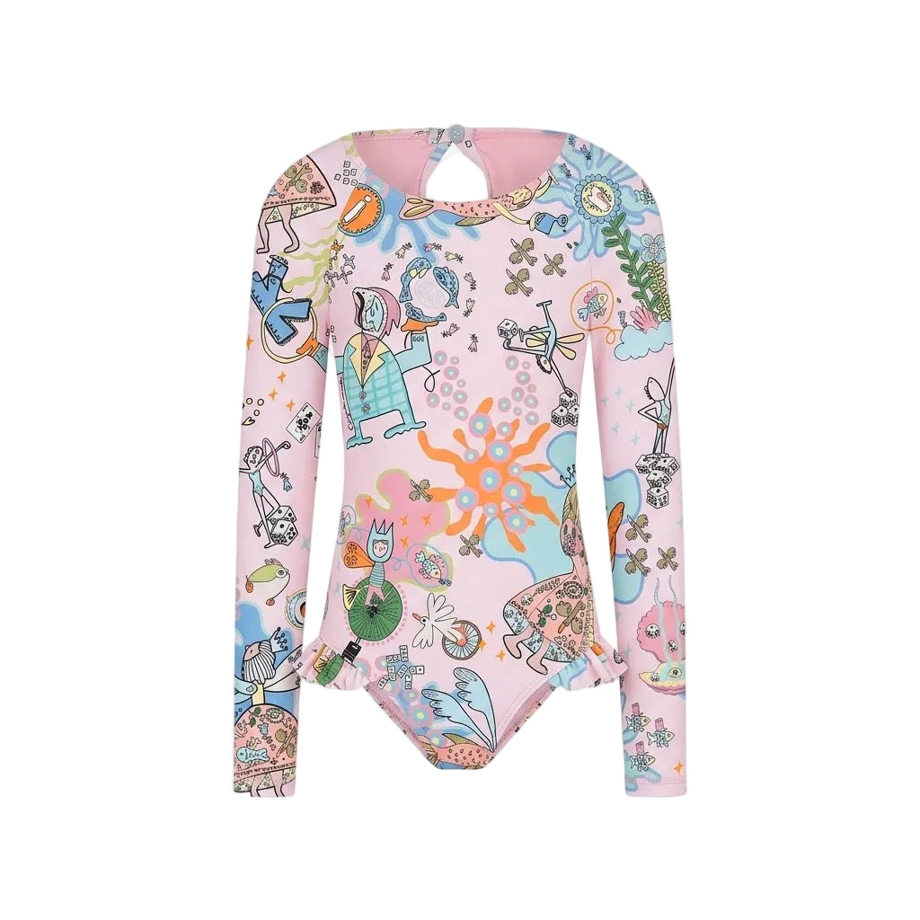 Colorful children's swimsuit with cartoon designs on a white background