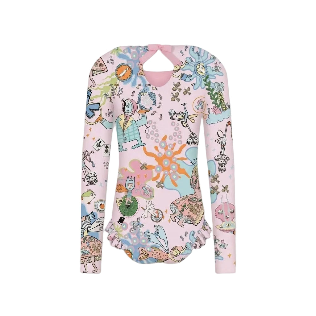 Colorful long-sleeve shirt with a cartoon pattern on a light gray background