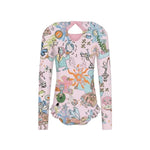 Colorful long-sleeve shirt with a cartoon pattern on a light gray background