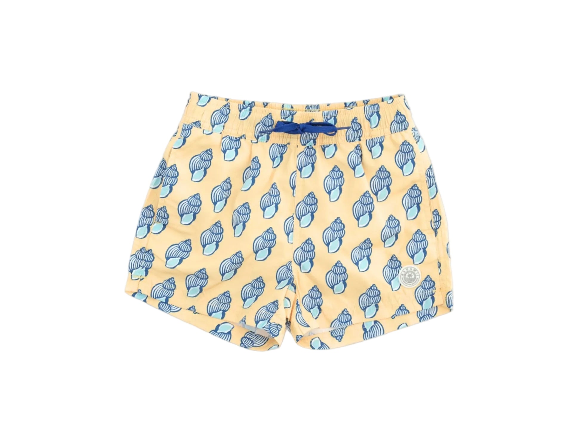 Yellow swim shorts with blue whale pattern on a white background