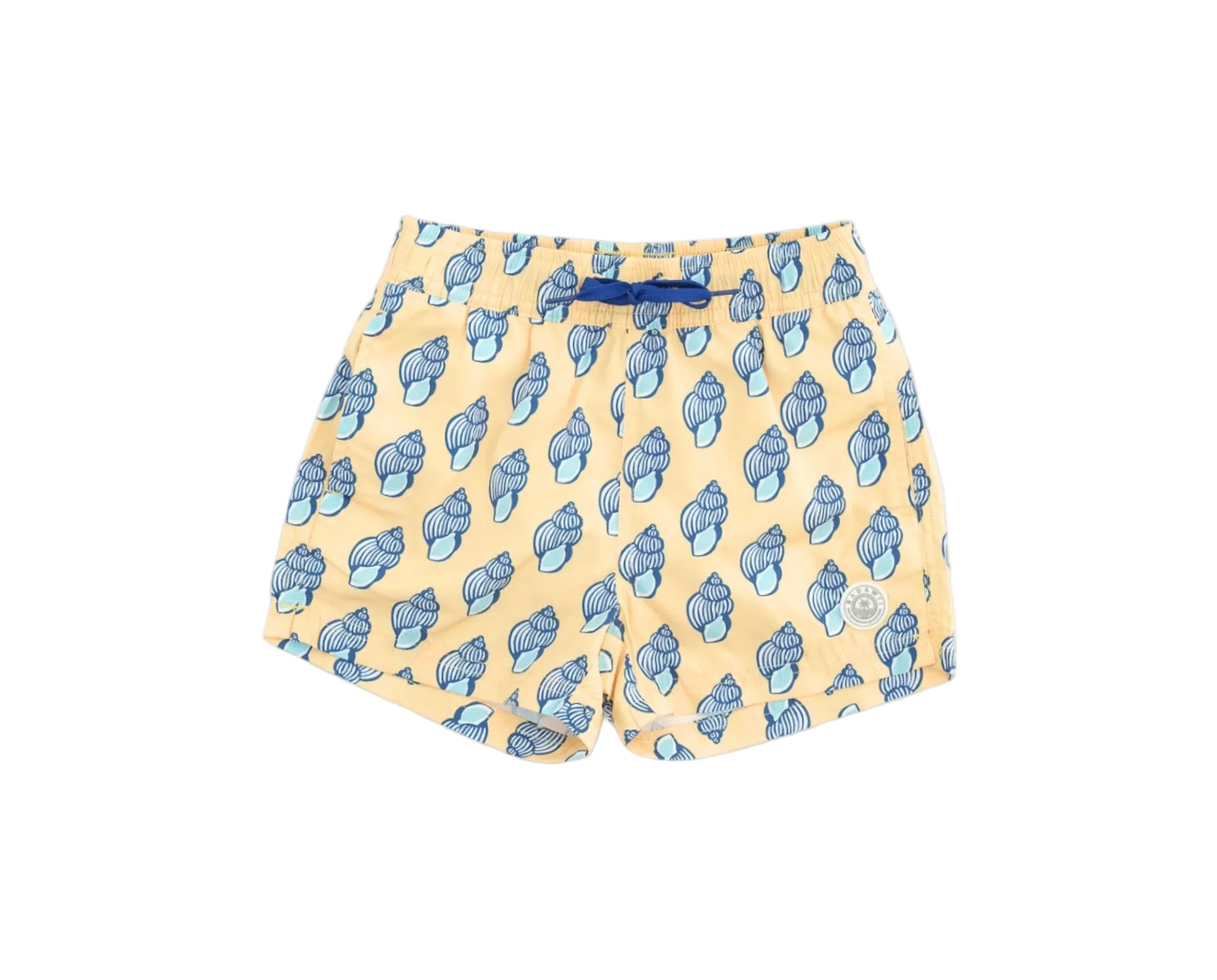 Yellow swim shorts with blue whale pattern on a white background