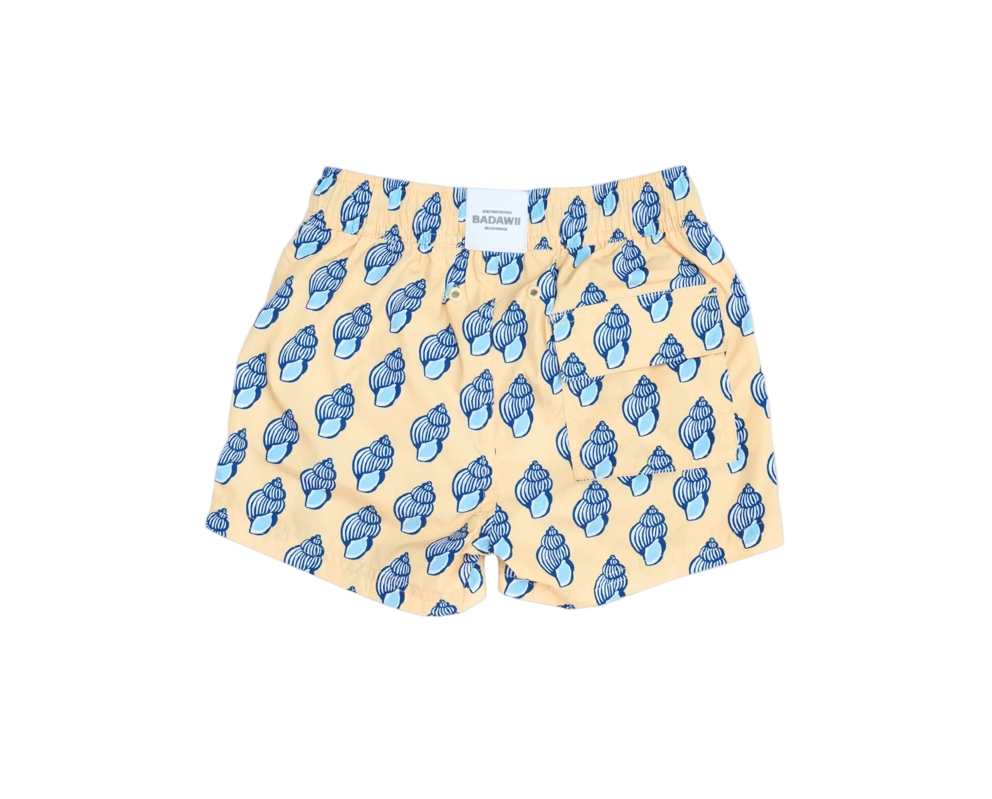 Pair of shorts with blue shell pattern on a beige background