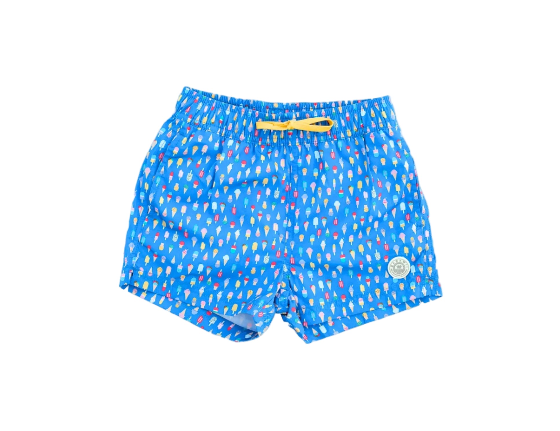 Blue swim shorts with colorful pattern on a white background