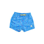 Blue swim shorts with colorful pattern on a white background