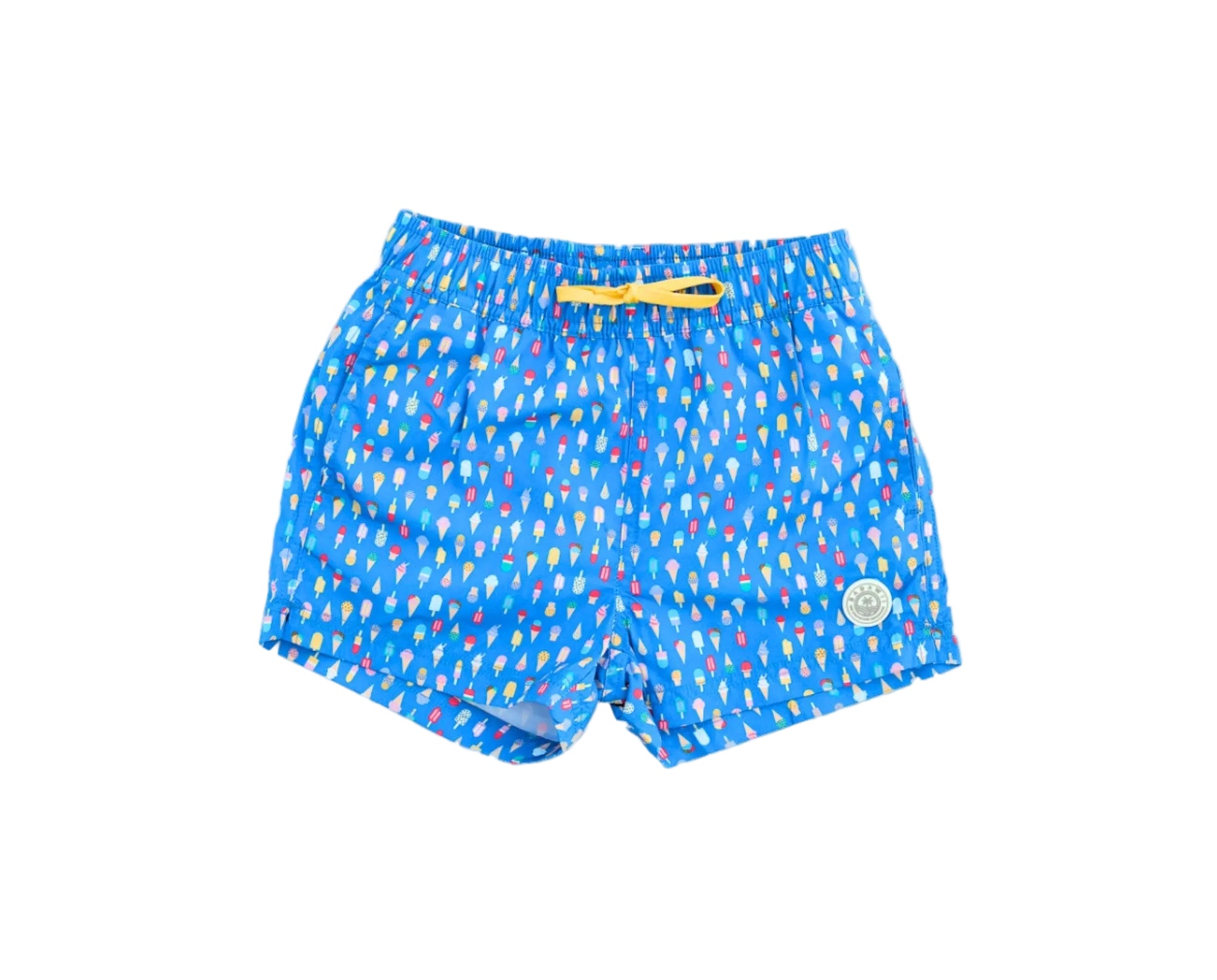 Blue swim shorts with colorful pattern on a white background