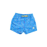 Blue swim shorts with colorful pattern on a white background