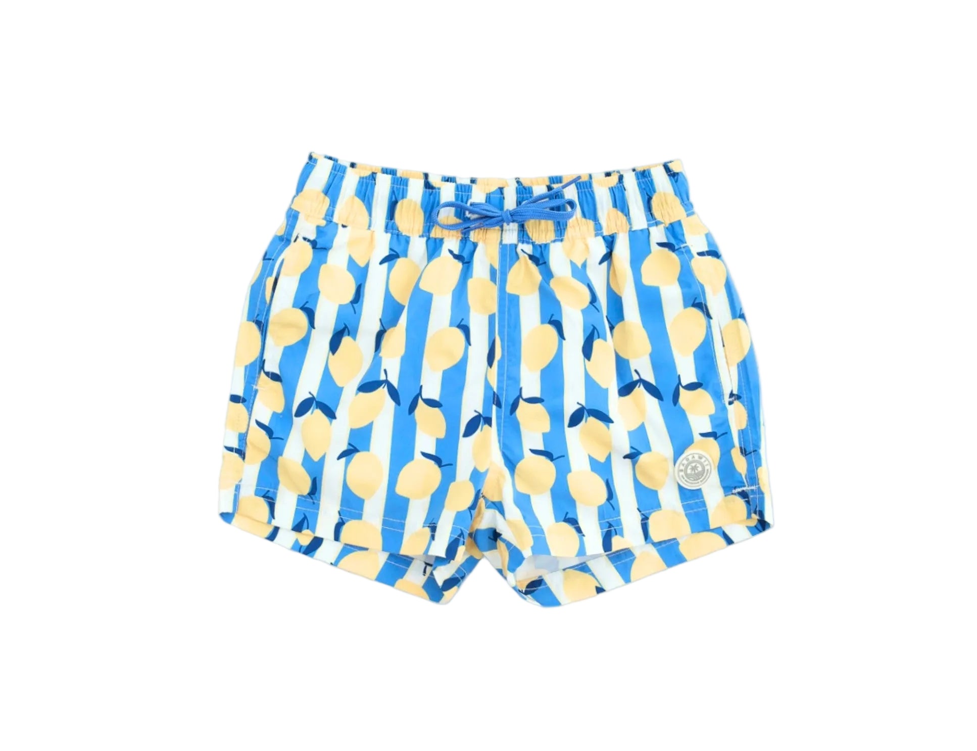 Blue and yellow swim shorts with a pattern on a white background