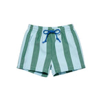 Green and light blue striped shorts with a drawstring on a white background
